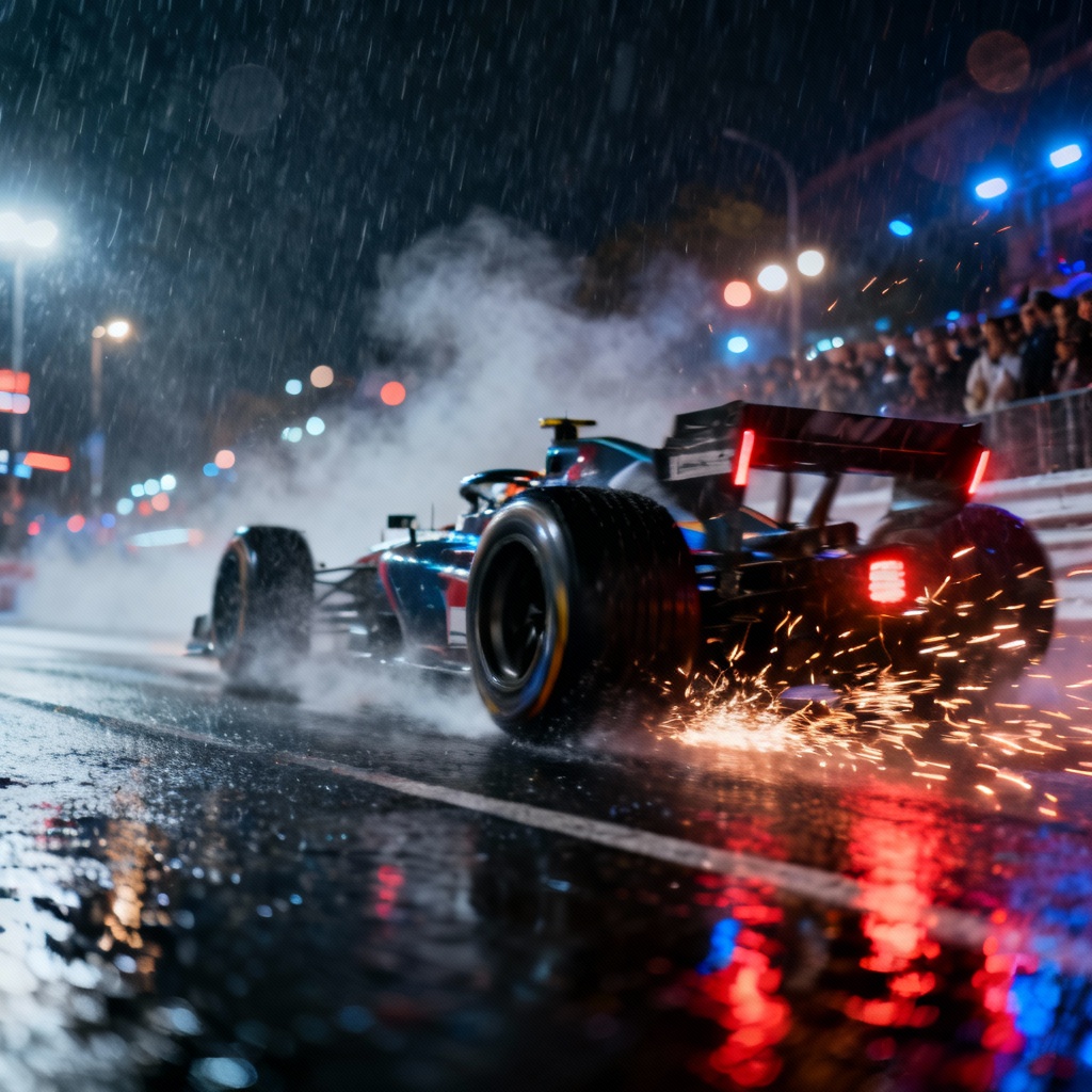 AI racing image of night street circuit race start in rain with motion blur