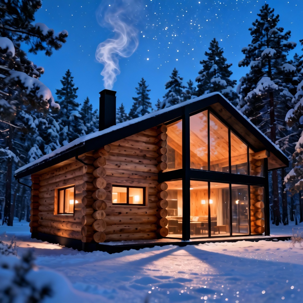 Modern log cabin in snowy pine forest at blue hour