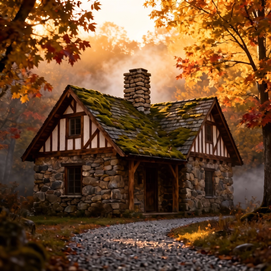 AI stone cottage at golden hour with timber beams and mossy roof