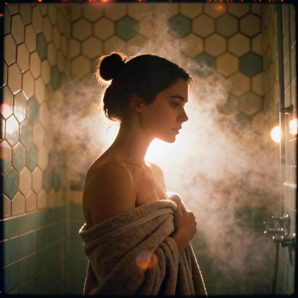 AI vintage shower girl portrait SFW