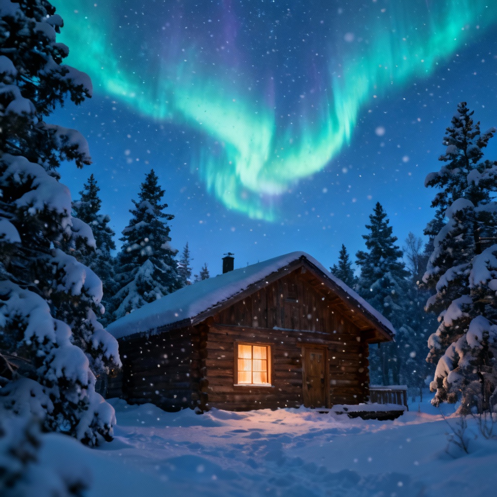 AI Aurora Cabin Blue Hour Scene