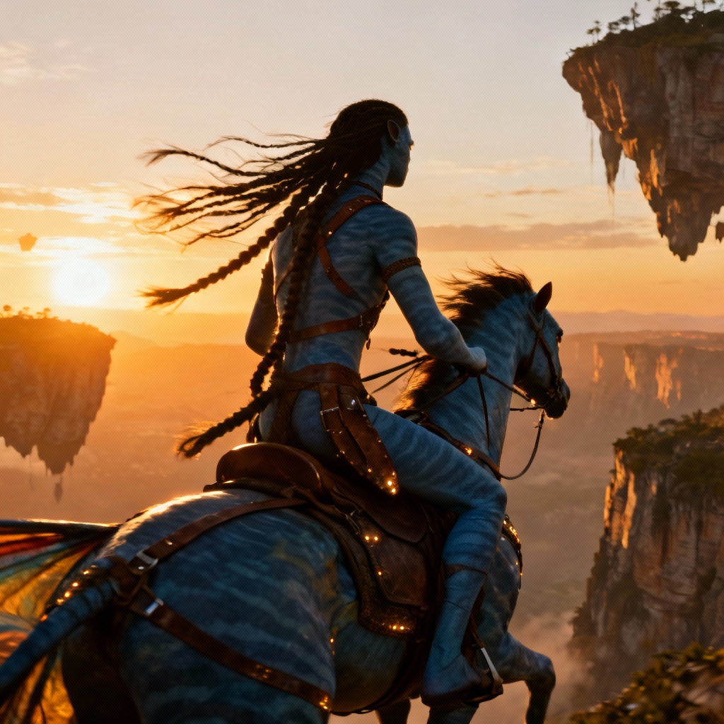 Dynamic avatar rider silhouette against floating cliffs