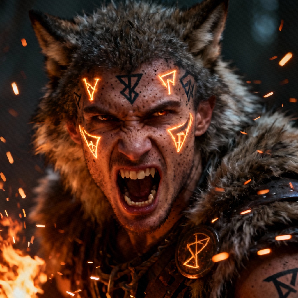 AI Viking berserker closeup with rune tattoos