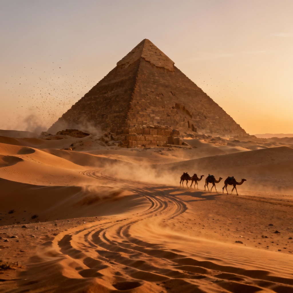Sand-drifted pyramid with camel caravan at sunset