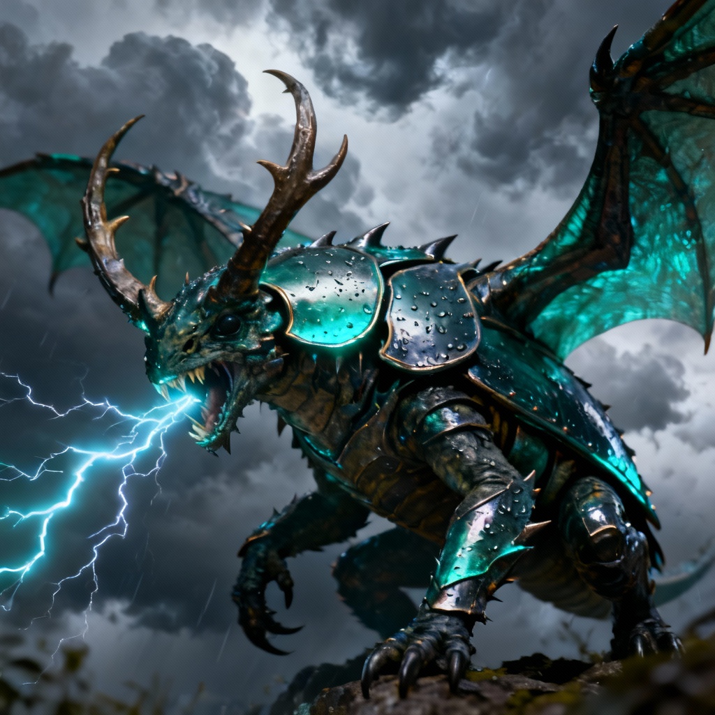AI wyvern with beetle armor in a storm