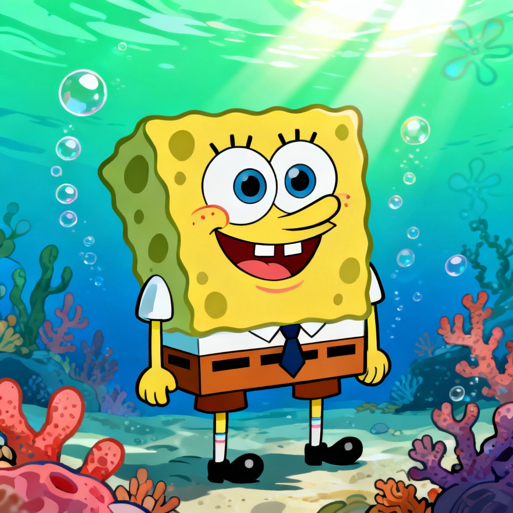 AI SpongeBob-style cartoon of a happy sponge character under the sea