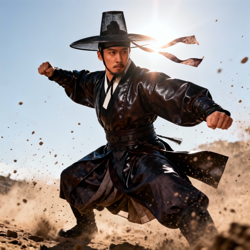 AI sageuk warrior in action wearing hanbok and gat