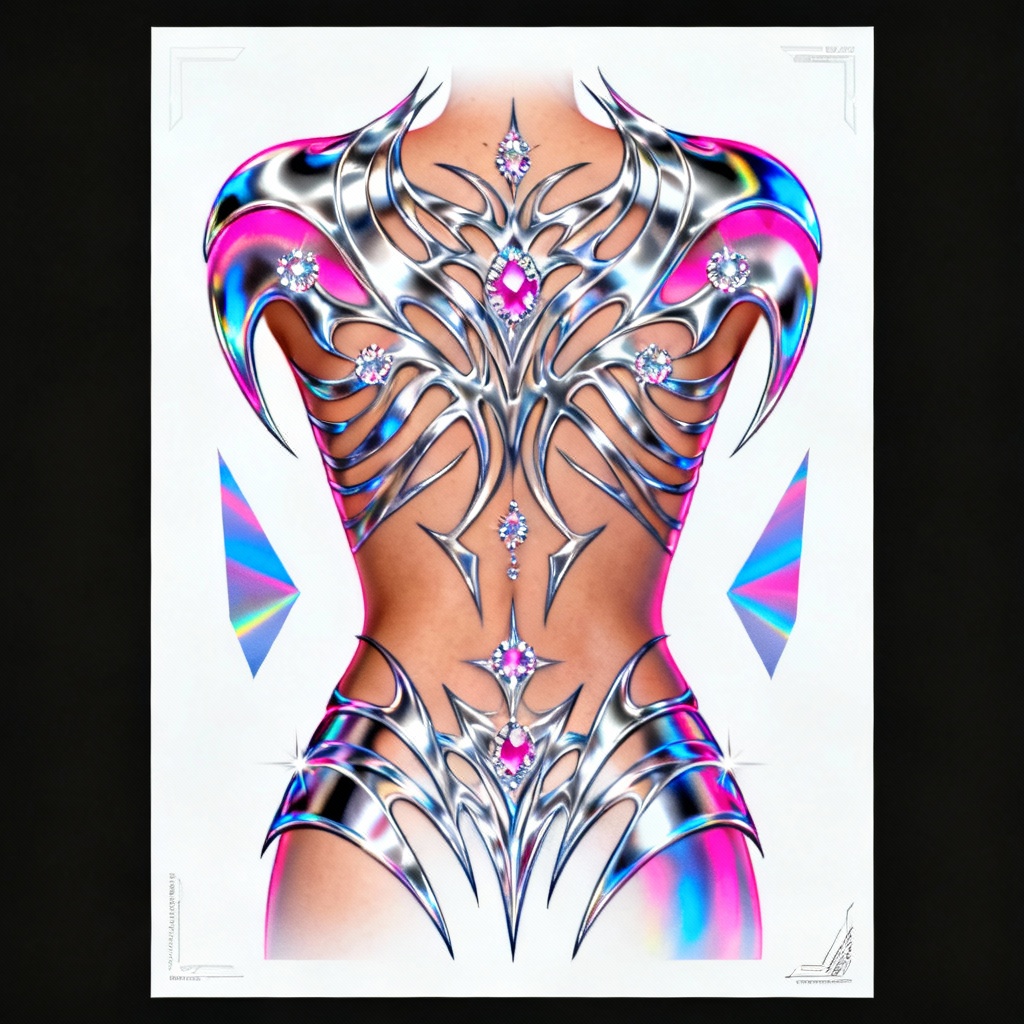 AI Y2K chrome butterfly lower back tattoo design