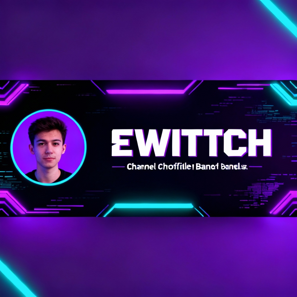 AI-generated Twitch profile banner with neon cyberpunk style and channel name