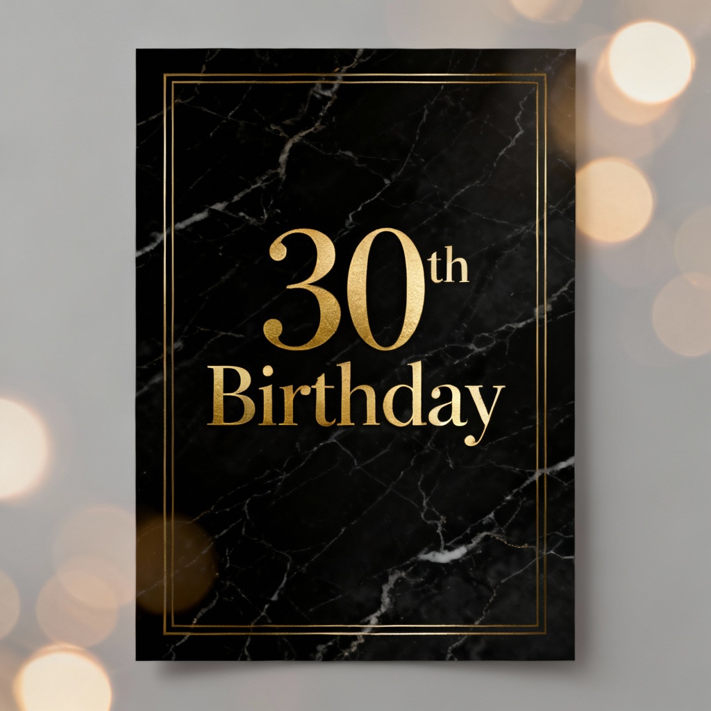 Elegant black marble AI birthday invitation with gold foil