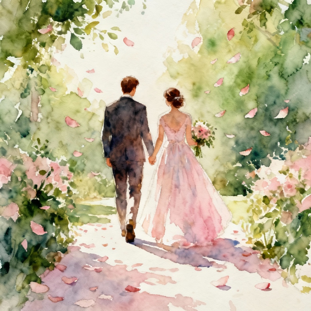 Watercolor wedding cartoon of couple walking down the aisle