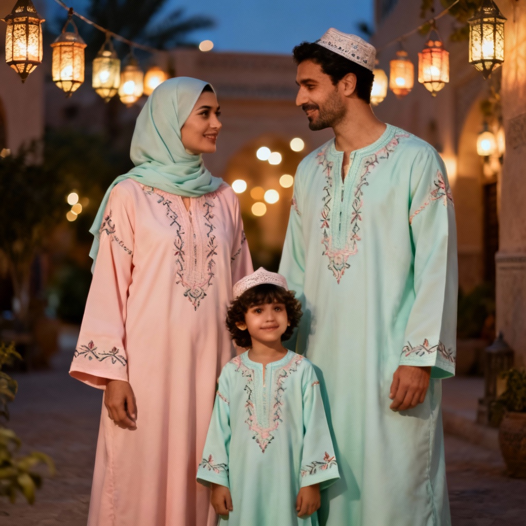 Coordinated pastel djellabas for family Ramadan outfit
