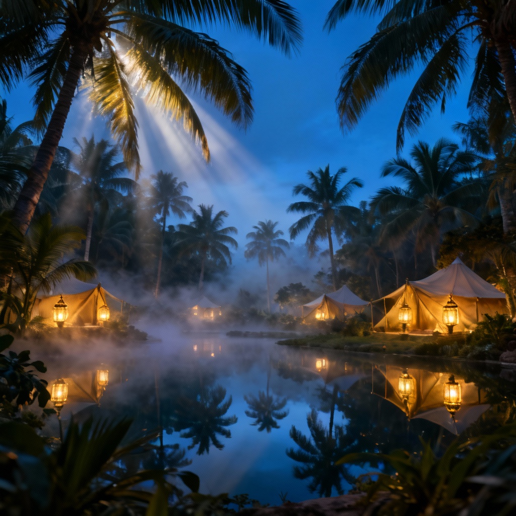 Palm-lined oasis lagoon with lanterns at blue hour