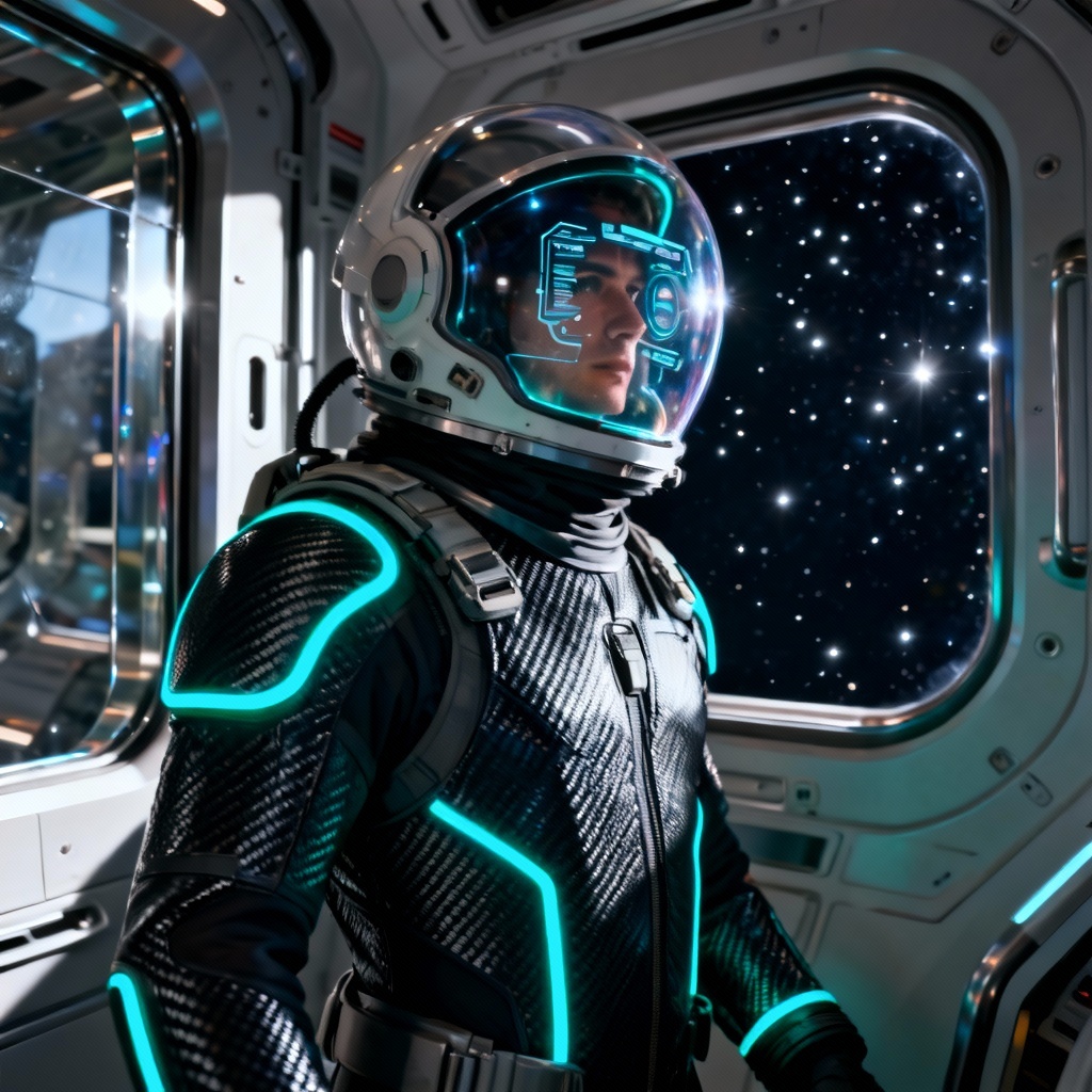 AI sci-fi astronaut exosuit with holographic HUD inside a station airlock
