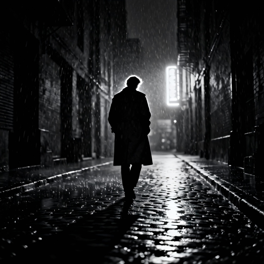 AI noir rainy alley with neon reflections
