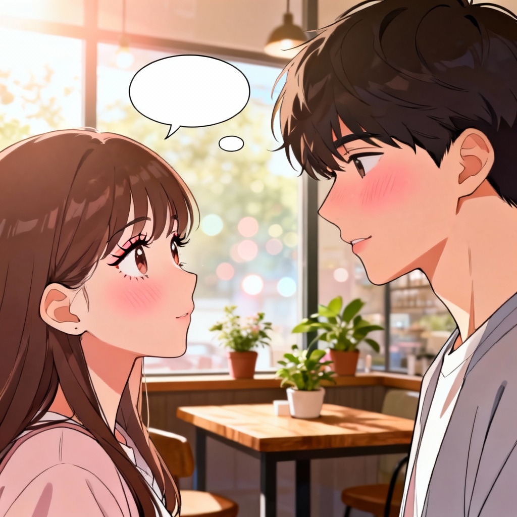 AI Korean webtoon romance scene in a cozy cafe