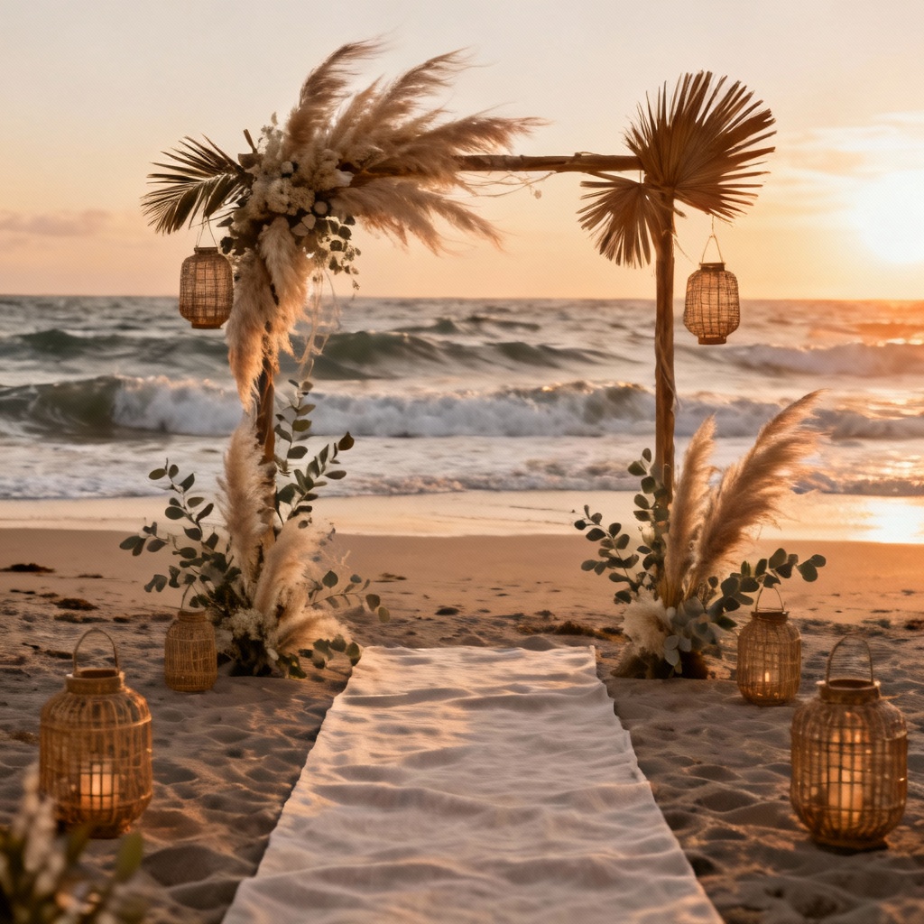 AI boho beach wedding arch with pampas grass at sunset