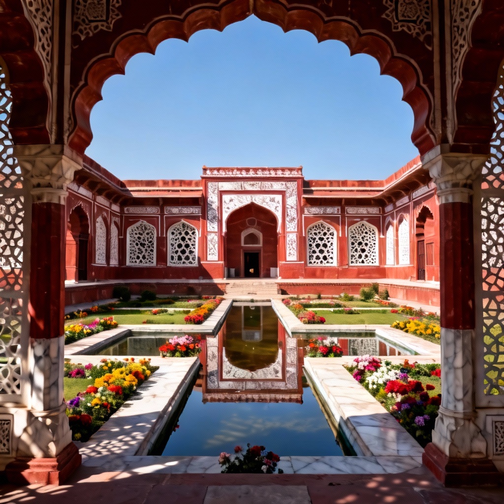 AI-generated Mughal style palace with charbagh garden
