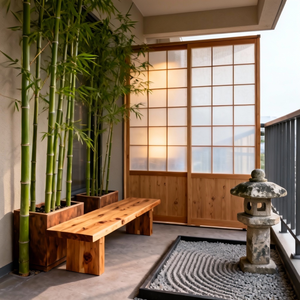 Japanese zen balcony with bamboo and stone