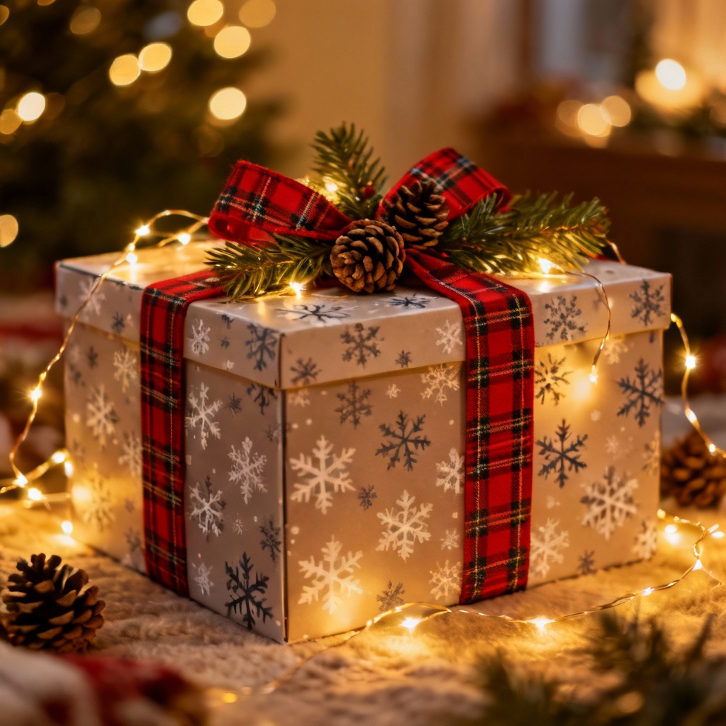 AI holiday snowflake hamper gift box with ribbon