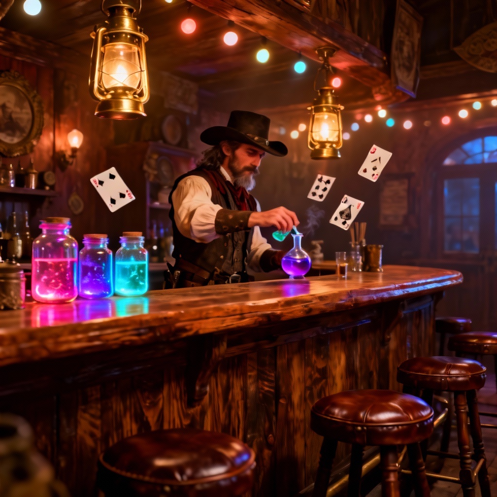 AI saloon sorcerer brewing neon potions