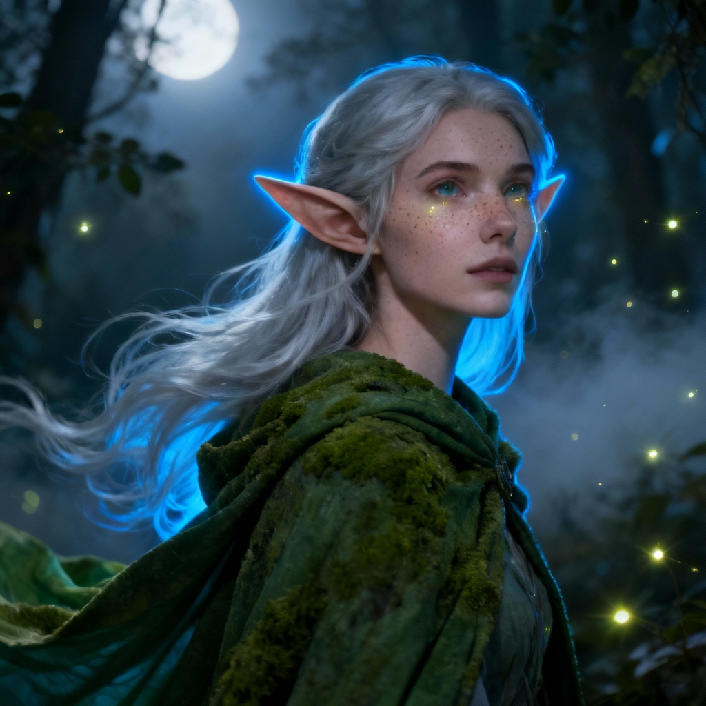 AI moonlit forest elf portrait