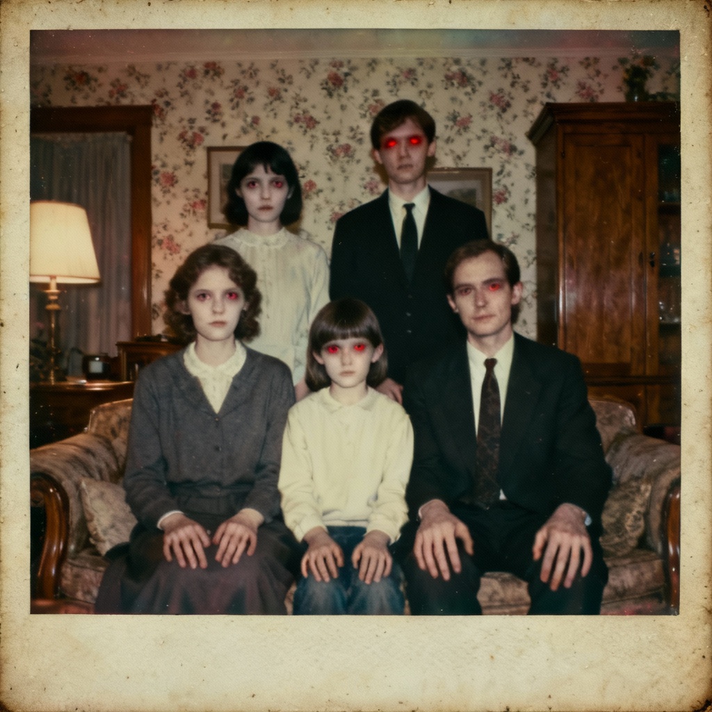 AI cursed vintage family portrait with unsettling details