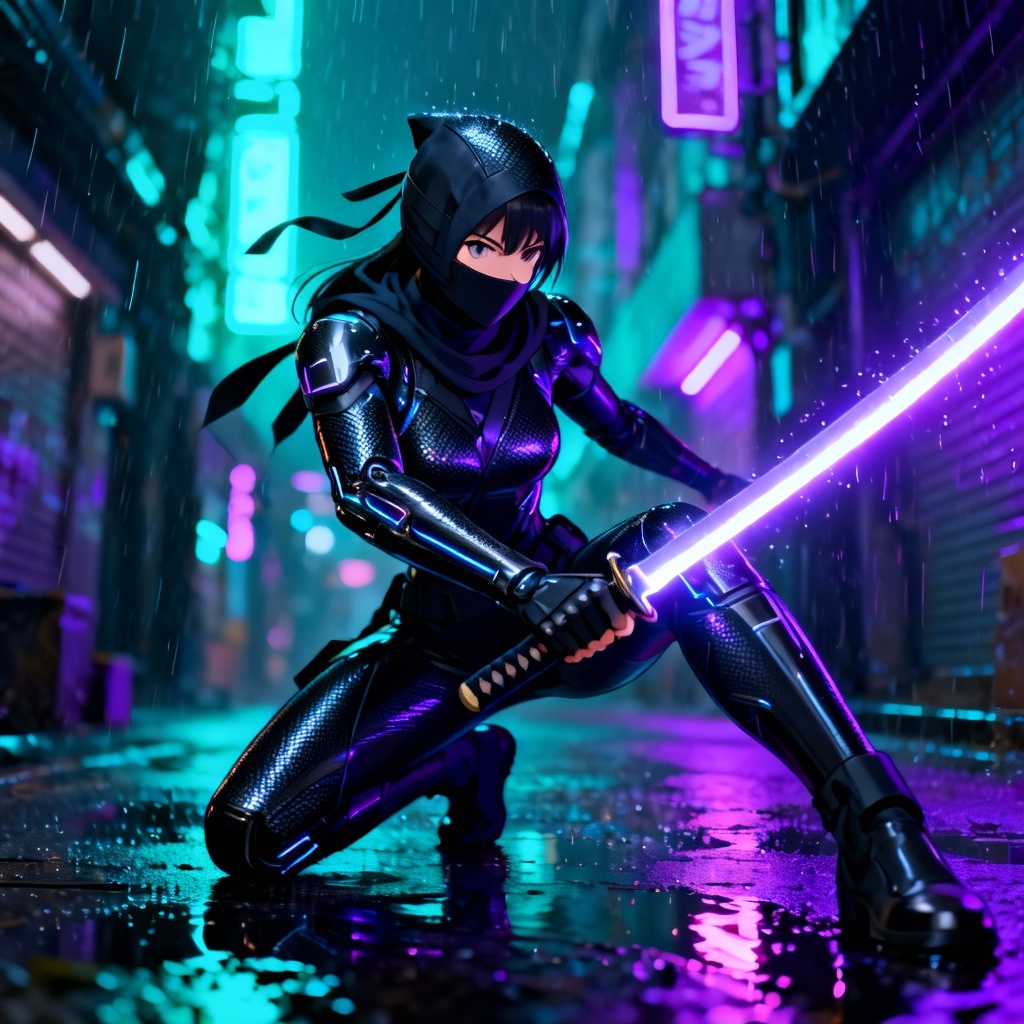 AI cyberpunk ninja superheroine in neon alley