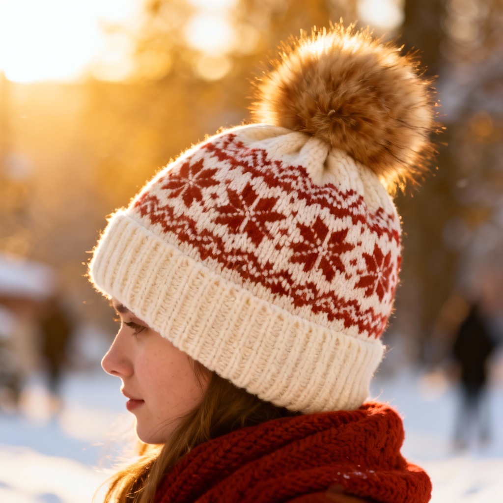 AI pom beanie with fair isle pattern in warm tones