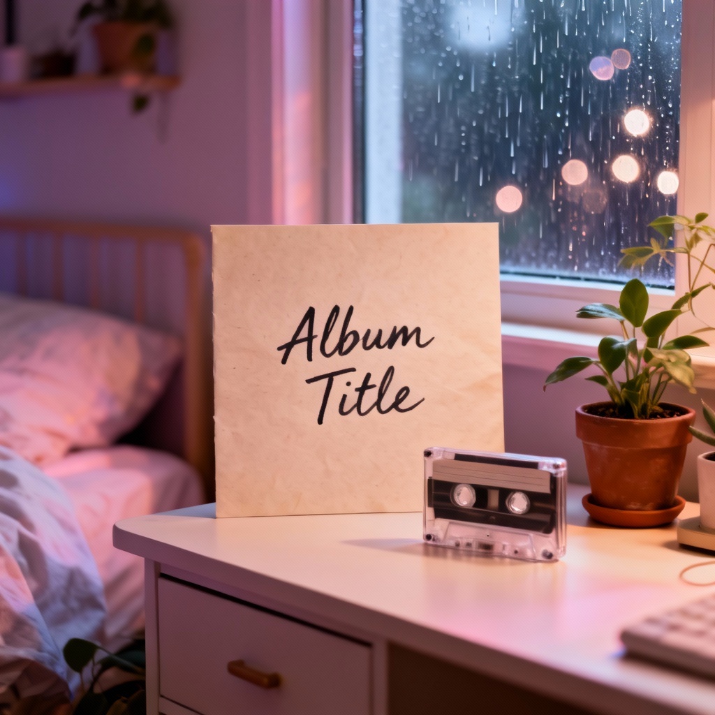 Cozy lofi album cover with cassette and bedroom scene