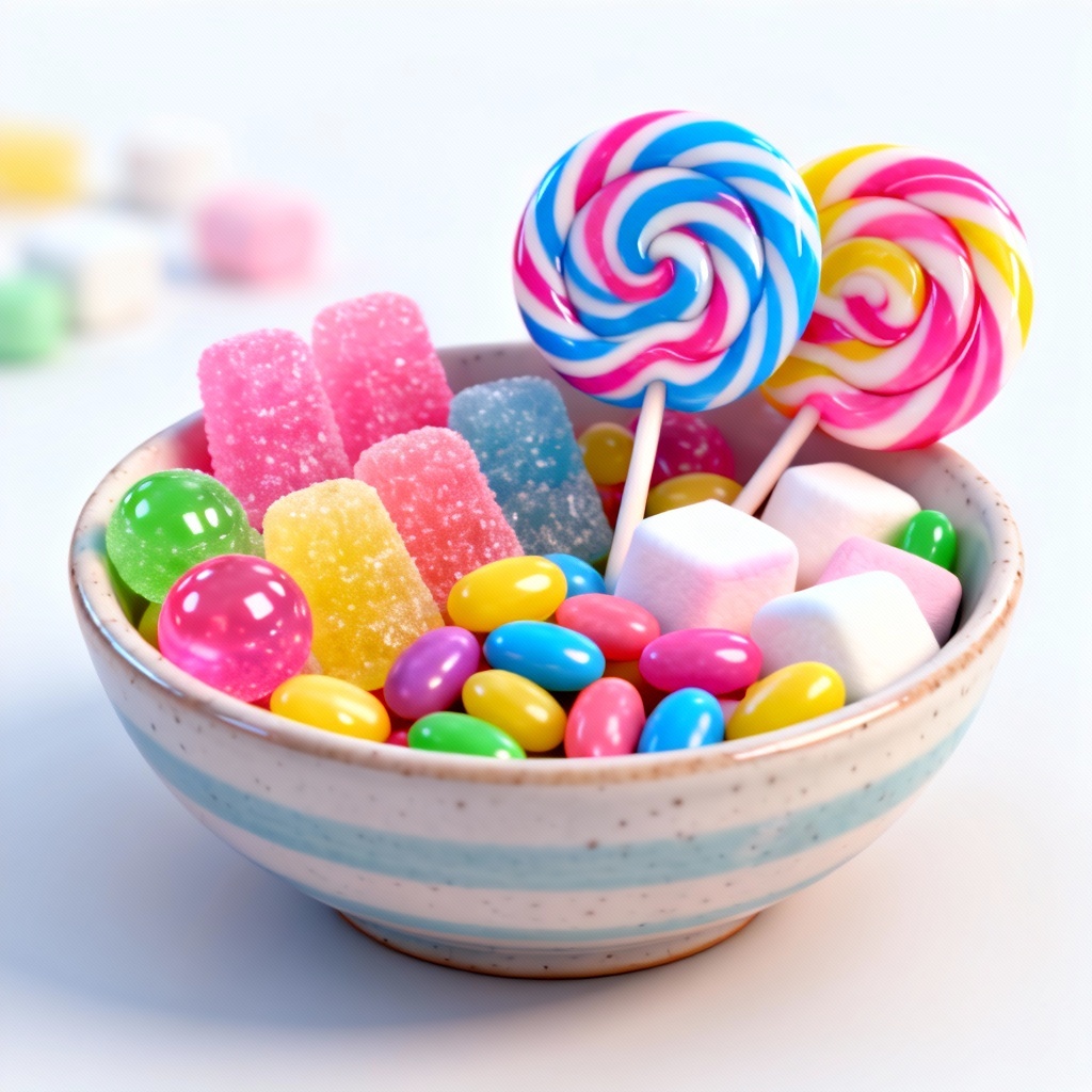 AI candy generator hero image of colorful assorted sweets in a bowl