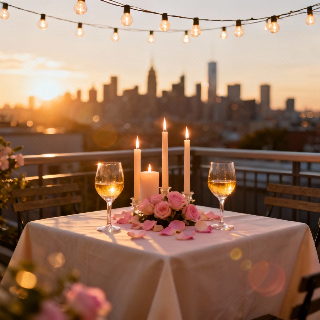 AI candlelit rooftop dinner for two at sunset