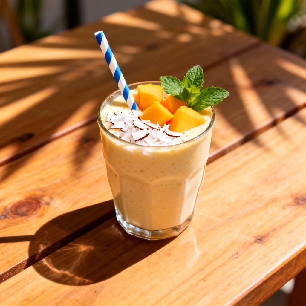 Tropical mango coconut milkshake flat lay with fresh garnish