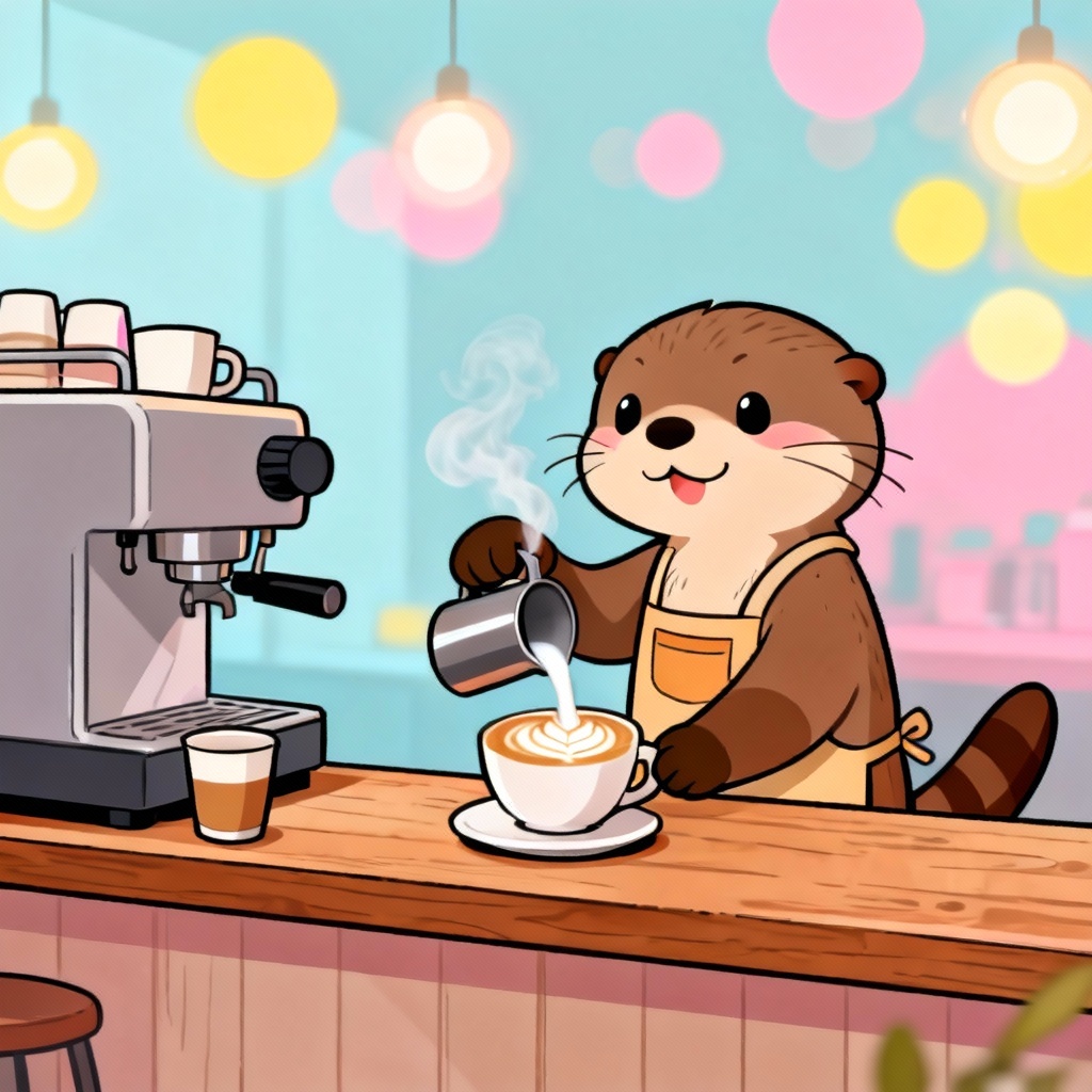 AI furry art of an otter barista making coffee in a cozy cafe