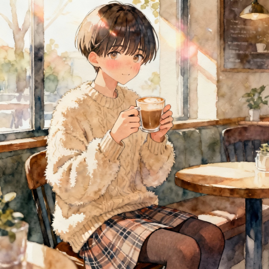 AI soft boy femboy in a cozy sunlit cafe