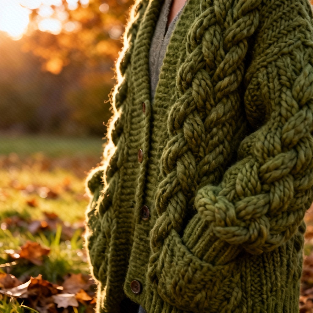 Moss green chunky knit cardigan outdoors