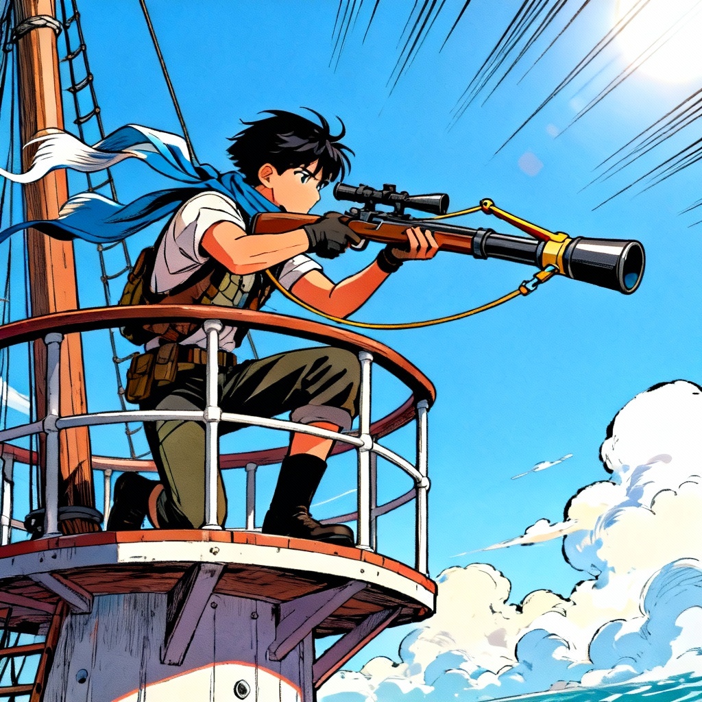 Sniper on crow’s nest aiming slingshot