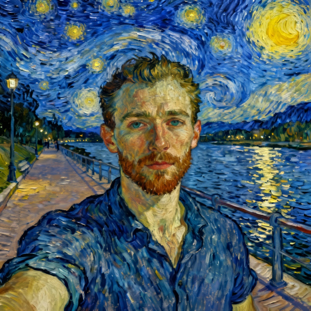 AI Van Gogh style portrait at night with swirling sky