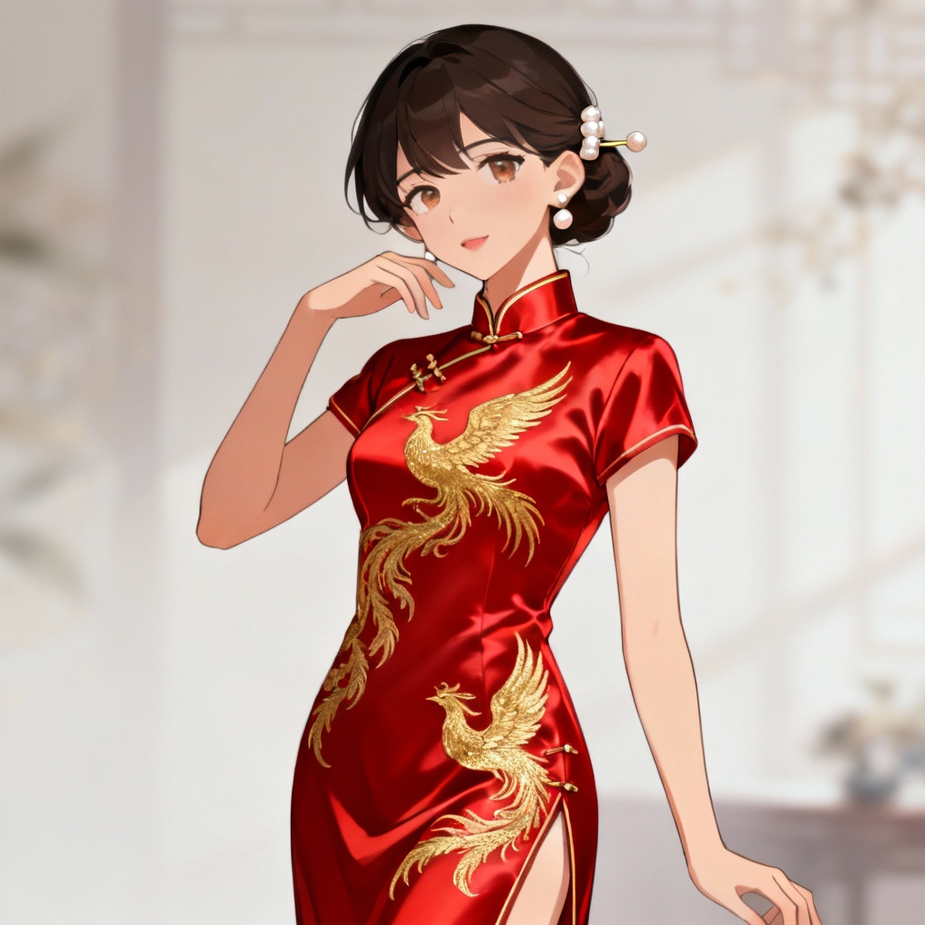 AI anime girl wearing a red silk cheongsam with gold embroidery and mandarin collar