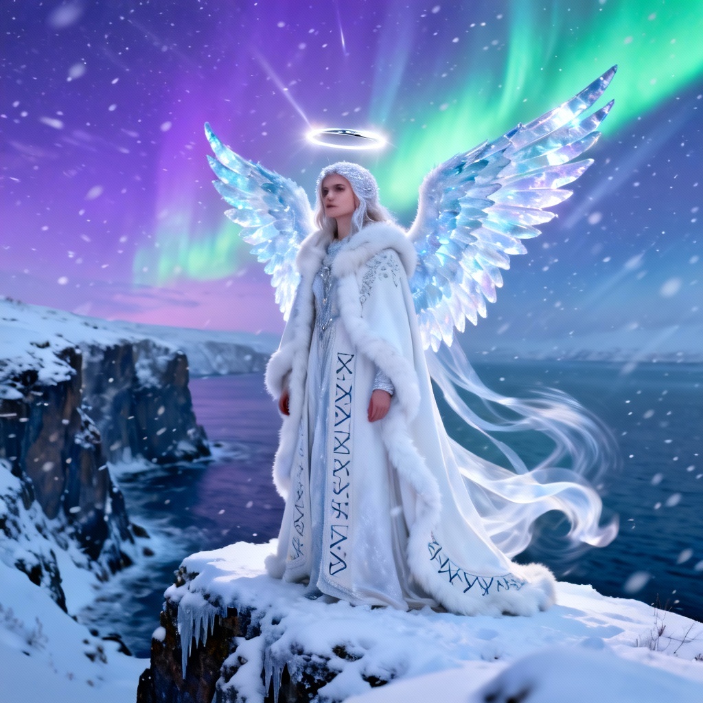 AI Nordic winter angel with ice wings under the aurora