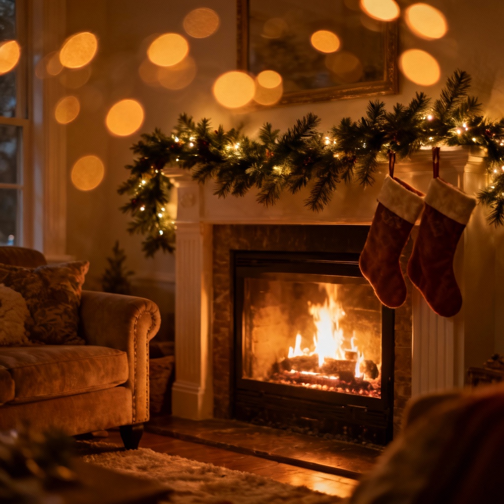 AI cozy fireplace holiday effect with warm glow and bokeh