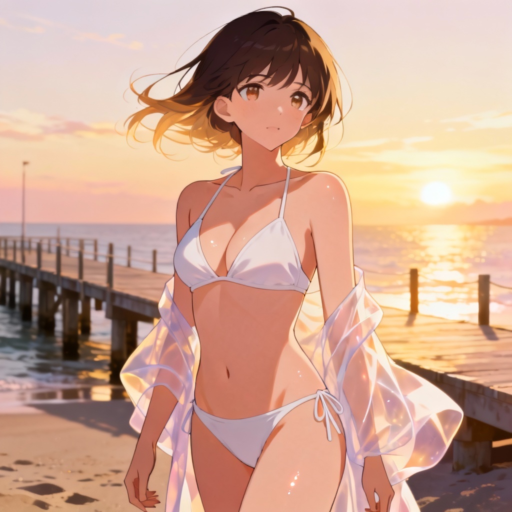 Elegant anime woman in white bikini with translucent cover-up
