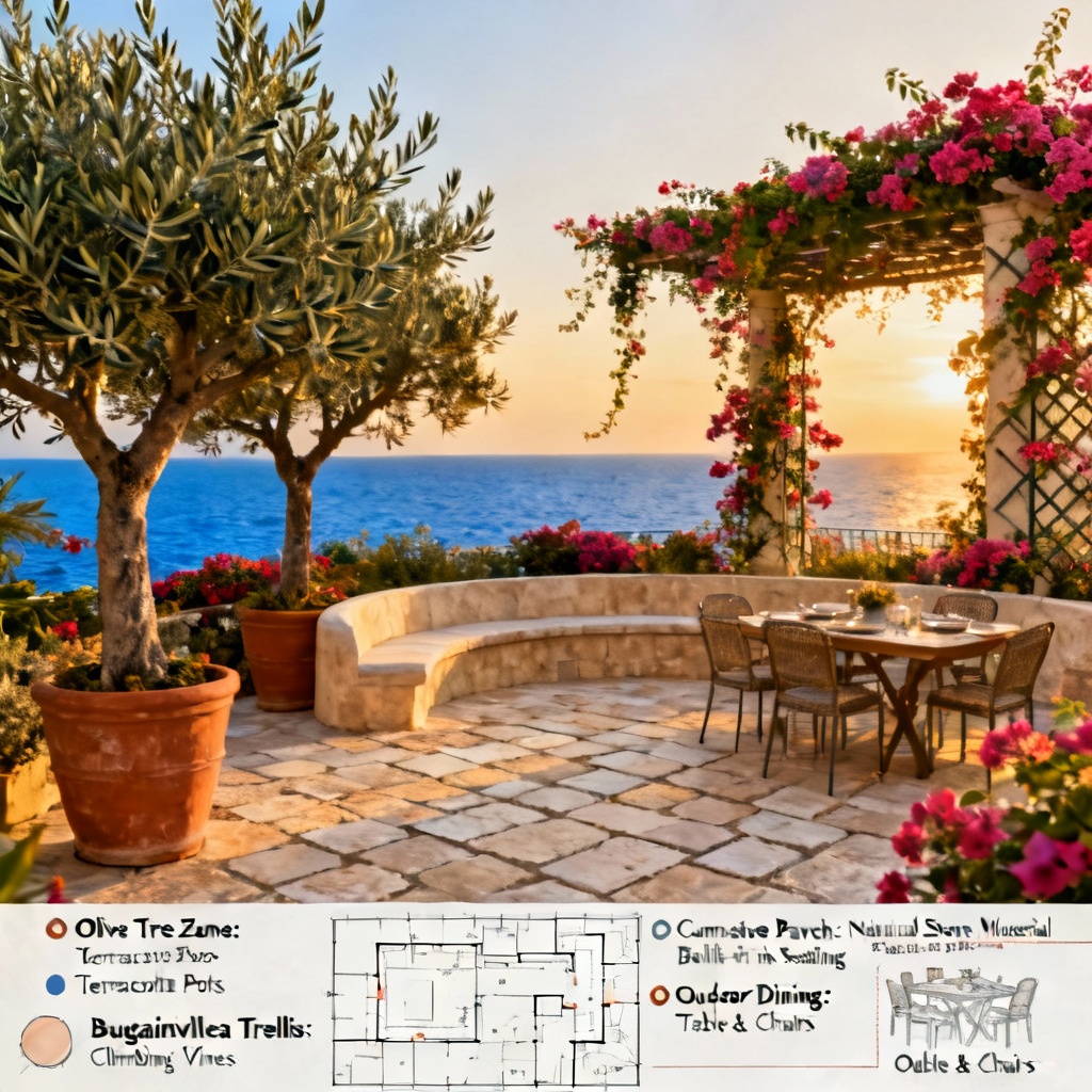 AI Mediterranean terrace landscape with olive trees and limestone pavers