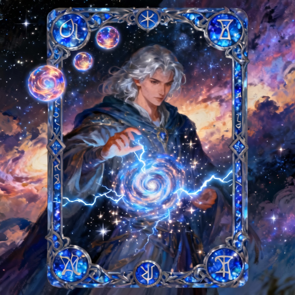 AI magic card art of a celestial storm sorcerer with lightning