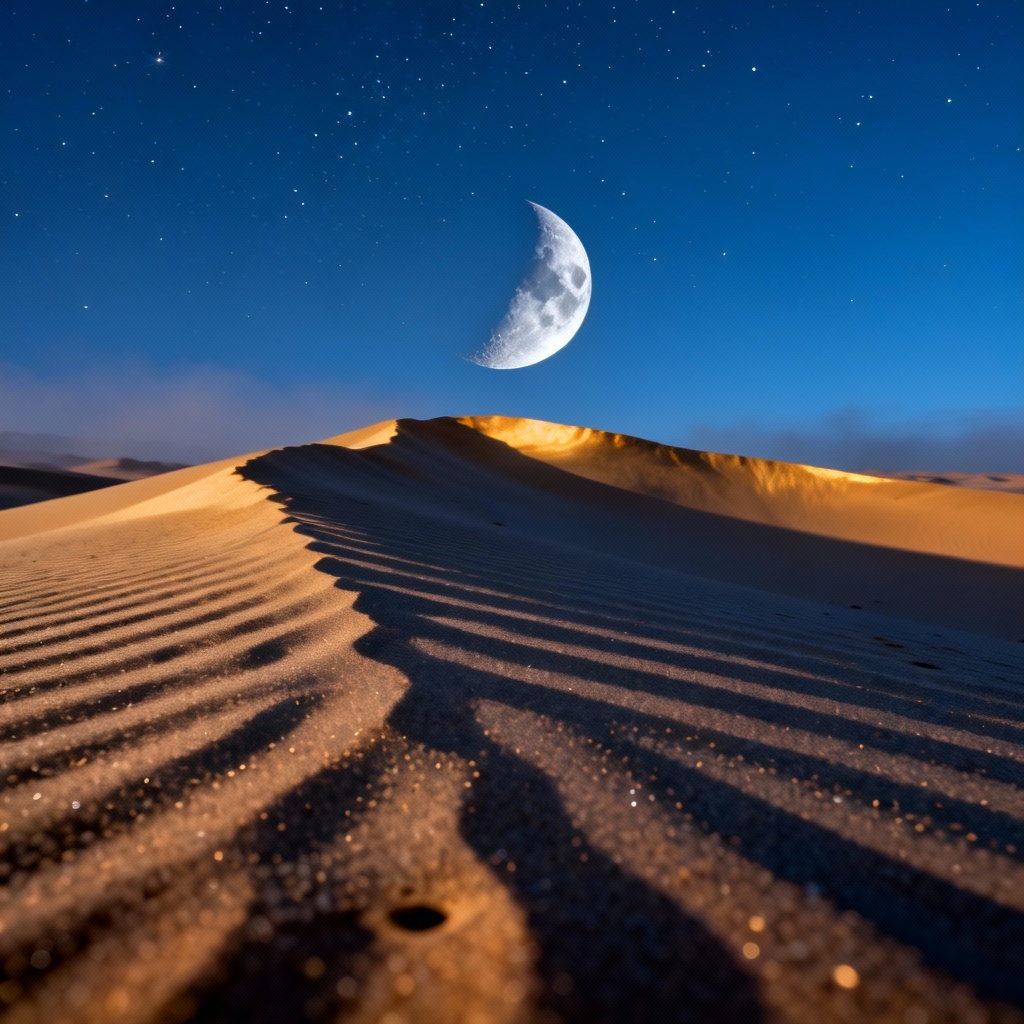 AI crescent moon over desert dunes at blue hour