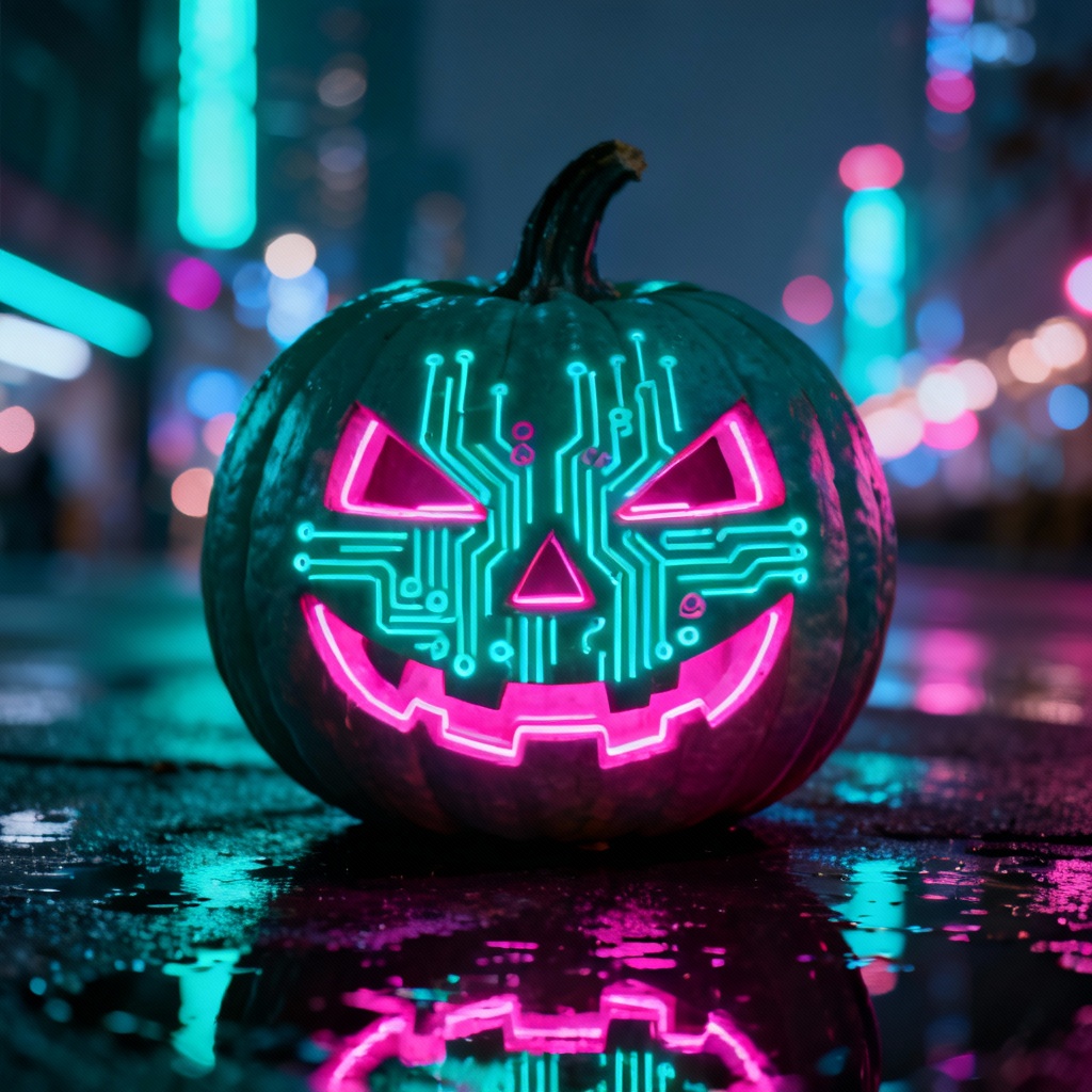 Neon cyberpunk pumpkin lamp with teal and magenta lights