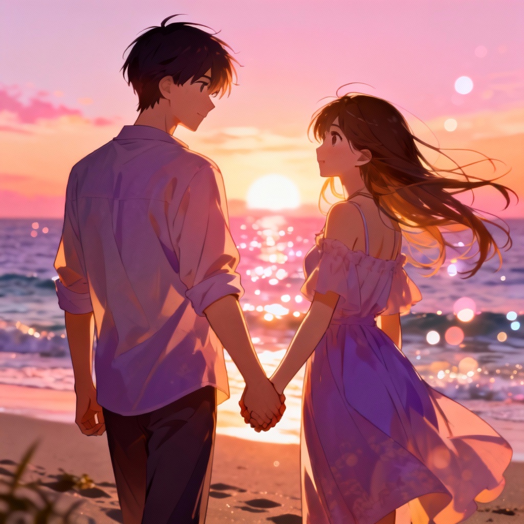 AI romantic anime couple at sunset beach