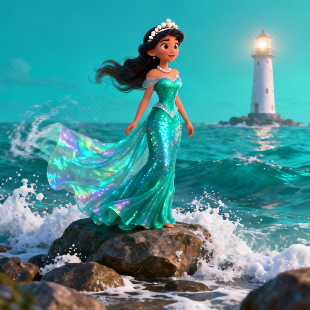 AI ocean princess with pearl crown and waves