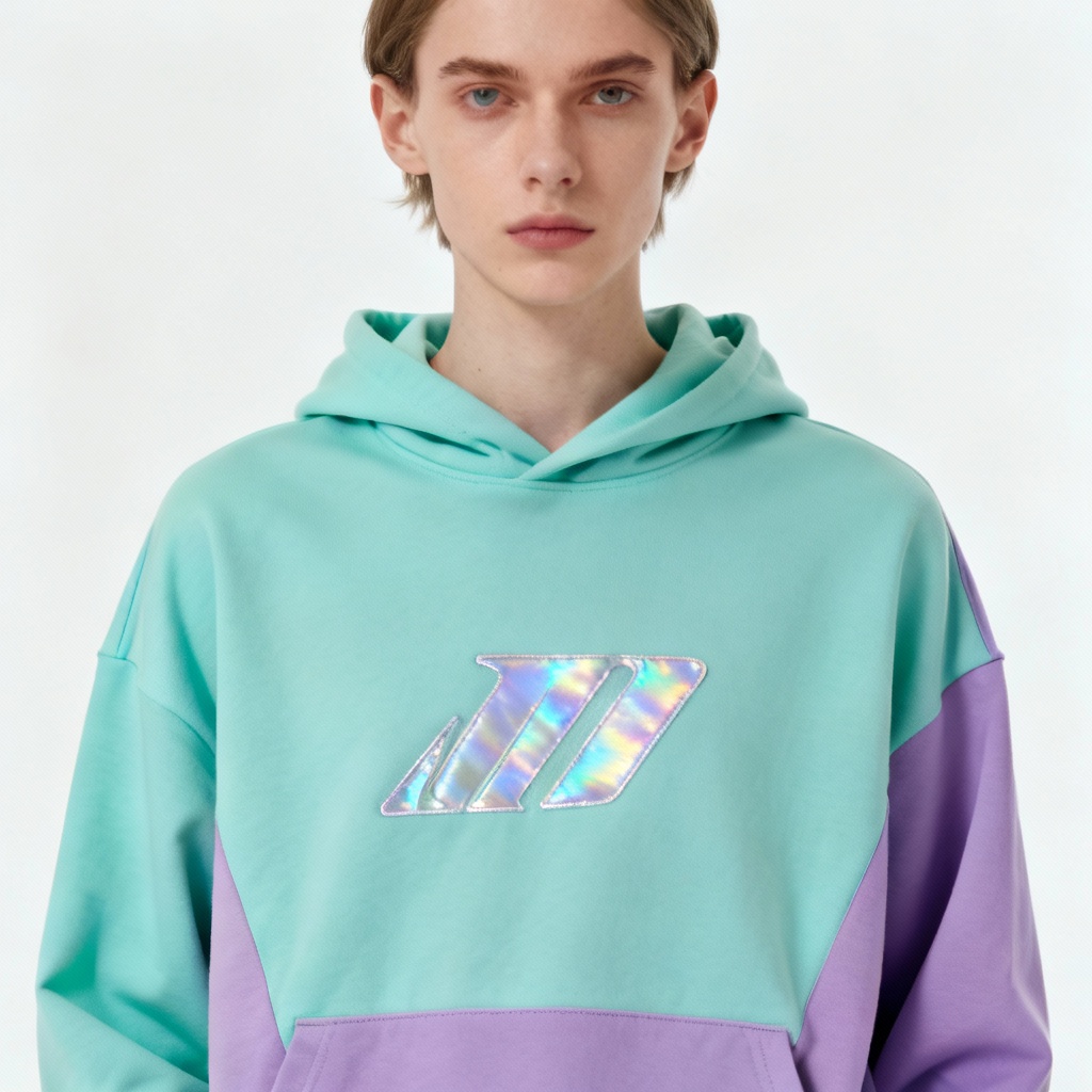 AI Y2K holographic logo hoodie try on
