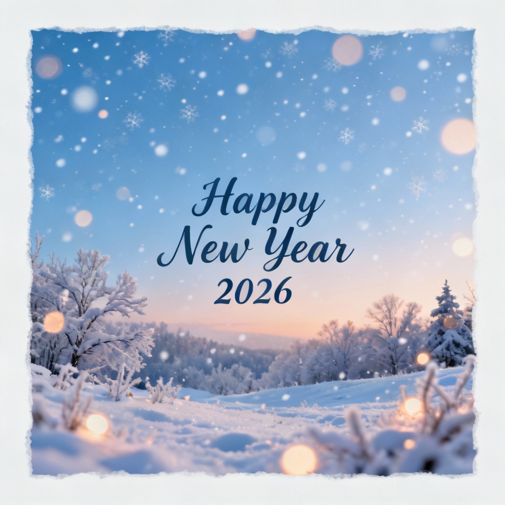 Snowy 2026 New Year greeting card in cool blue tones